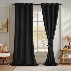 Blcak Velvet Curtains for Living Room - 96 Inches Long Thermal Insualted Room Darkening Window Blackout Drapes for Bedroom/Movie/Background, Set of 2 Panels with Tiebacks, 52 x 96 inches