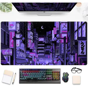 Tokyo Street Desk Pad Purple, Cute Retro Large Gaming Mouse Pad, Japanese Anime Laptop Keyboard Mouse Mat XXL, Aesthetic Neon Pixel Skyline/City Desk Mat, Desk Decor Pads for Women