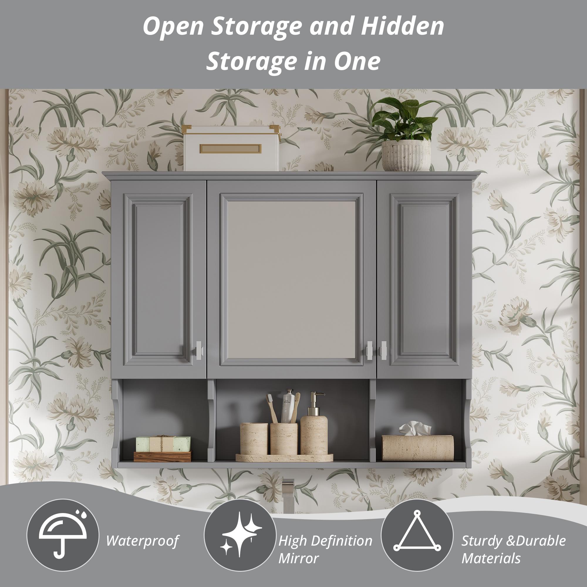 35'' x 28'' Wall Mounted Bathroom Medicine Cabinet, Modern Bathroom Wall Cabinet with Mirror,  Mirror Cabinet with Open Shelves