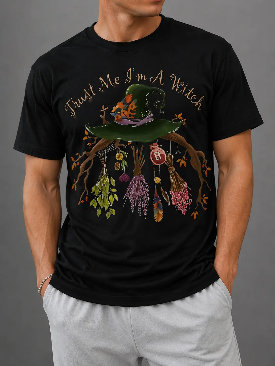 "Trust Me I'm A Witch" Green Witch Hat Herbal Unisex T-Shirt for Men & Women - Cottagecore Witchy Fall Design, Soft Cotton Crew Neck Short Sleeve, Comfortable All-Season Tee, Perfect for Everyday Casual & Halloween Style, Machine Washable