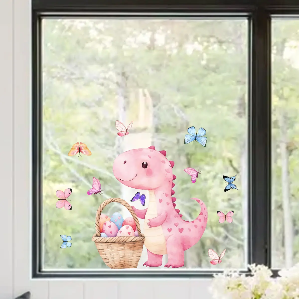 1 Pc 30×30cm 2D Flat Dinosaur & Butterfly Window Sticker Static Cling Glass Sticker for Living Room Bedroom Home Showcase Decor