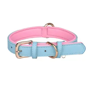 PU Leather Pet Collar Soft Foam Padded Double D-ring Anti Lost Adjustable Neck Collar with Traction Ring for Dogs Cats Outdoor Walk