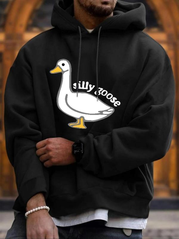 Men's Cartoon Goose Print Pocket Drawstring Hoodie, Regular Fit Casual Drop Shoulder Long Sleeve Hooded Sweatshirt, Men's Fall & Winter Clothes Sweatshirt, Hoodie, Comfort Colors