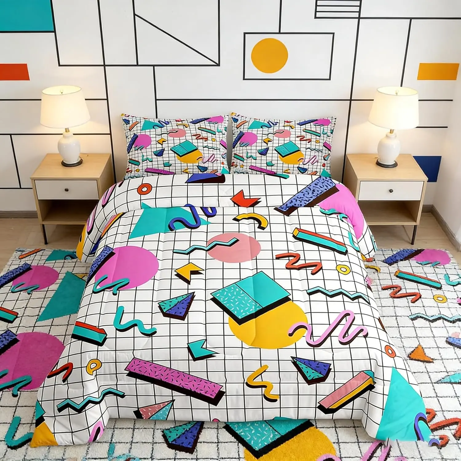 Memphis Comforter Set,Retro 80s or 90s Geometric Fashion Style Quilt Set,Vintage Hip Hop Bedding Set Lightweight Duvet Insert