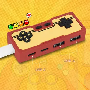 Retro Nes Controller Design USB Splitter, 4 Port USB-A + USB-C OTG Adapter, Expand Your Connectivity, Ideal for Gaming & Office Use