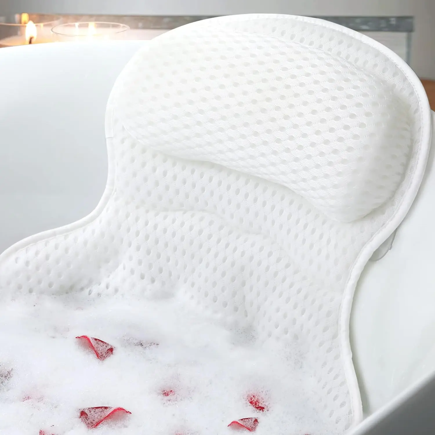 Luxury Bath Pillow for Tub – Neck & Back Support Headrest with Soft 4D Mesh Fabric and Non-Slip Suction Cups, Relaxing Spa Accessory (White)