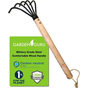 Hand Rake Cultivator Claw Soil Tiller -  Grade Steel - Rust Resistant - 5 Tine   Claw - Comfortable Wood Handle -  Pulverized and Aerated Soil