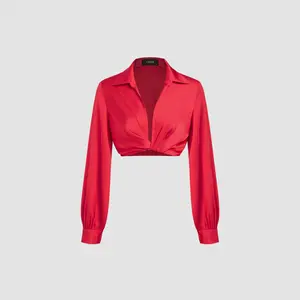 Cider [size 2-10] V-neck Solid Twist Long Sleeve Crop Shirt Dealsforyou