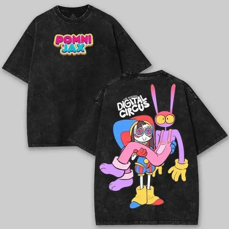 The Amazing Digital Circus Pomni Jax Graphic T Shirt Vintage Washed Heavyweight Cotton Oversized Tee Indie Animation Cartoon Merch Acid Wash Men Women Unisex Retro Streetwear Y2K Aesthetic Cute Couple Trending Summer Outfits Gifts TikTok Top Menswear Appa
