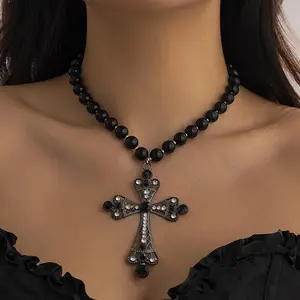 Cyberpunk-style Cross Necklace with Dark, Exaggerated Micro-pave Imitation Pearl Accents
