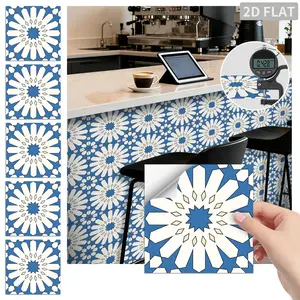 24PCS/Box FHZ Classic Art Tile Blue White Geometric Floral Peel and Stick Wall Sticker, PET Matte Finish Waterproof Oil-Proof Splash Proof Tile for Kitchen Backsplash Bathroom