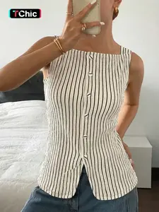 Women's Summer Sleeveless Striped Button Front Fitted French Vintage Top, Textured Slim Fit Tank Top, Casual Spring & Fall Fashion