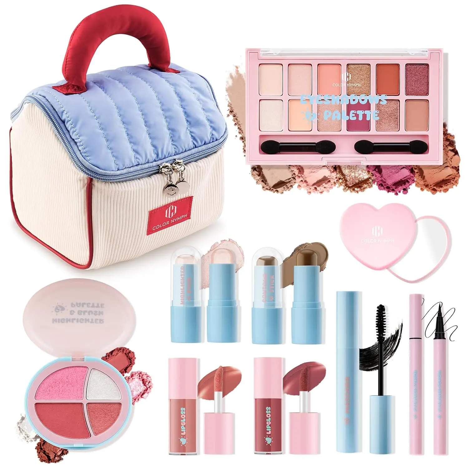 Makeup Set Kit With Cutie Pie Handbag, All In One Girl Makeup Sets for Women Full Kit with Eye shadow, Face Blush Contour Highlighter Lipgloss Mascara and Mirror