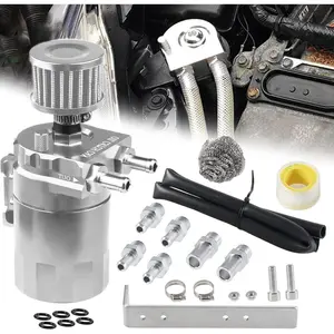 Oil Catch Can Breather Tank Baffled Filter With 3/8" Fuel Line Aluminum 300ml Silver