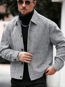 Men's Long Sleeve Loose Fit Woolen Jacket Coat, Striped Fashion Casual Design, Suitable for Work or Outdoors, Lightweight Outerwear, Streetwear Jackets