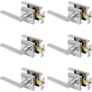 6 Pack Brushed Nickel Door Handles Bathroom Privacy, Heavy Duty Interior Door Levers, Keyless Reversible Square Door Handle Door Knob