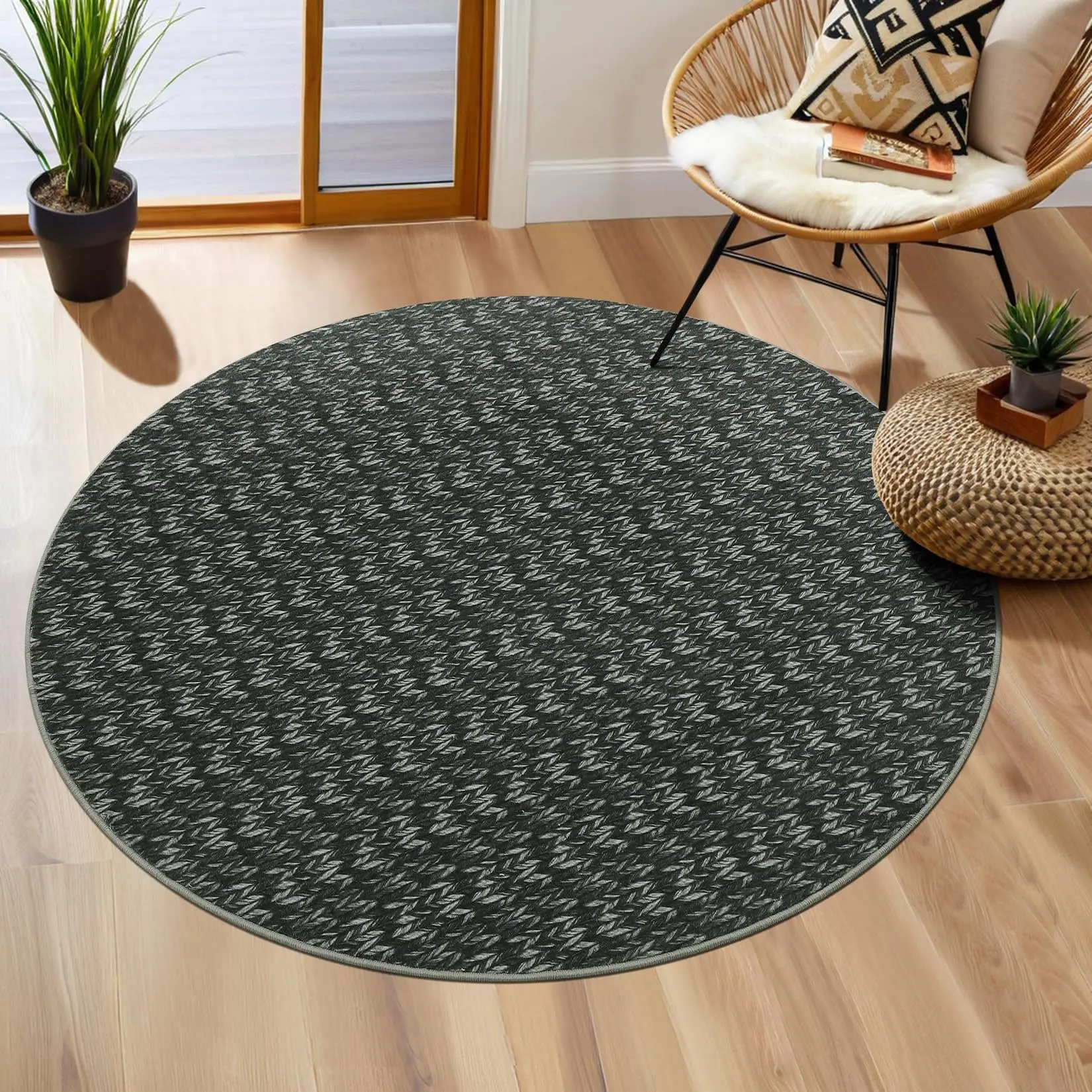 GARVEE Round Washable Rug Circular 4 × 4 Inches, Modern Braided Printed for Interiors, Stain Resistant, Small Rug with Non-Slip Backing, Solid Floor Covering