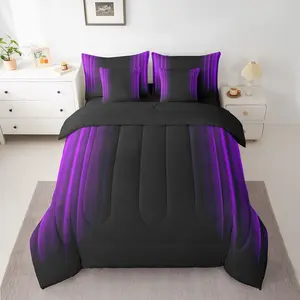 Feelyou Geometric Abstract Art Comforter Set - Purple Black Striped Decorative Microfiber Soft Bedding Set, Modern Breathable Bed-in-a-Bag with Sheets, Decorative Bedding Set, Microfiber Bedding Set