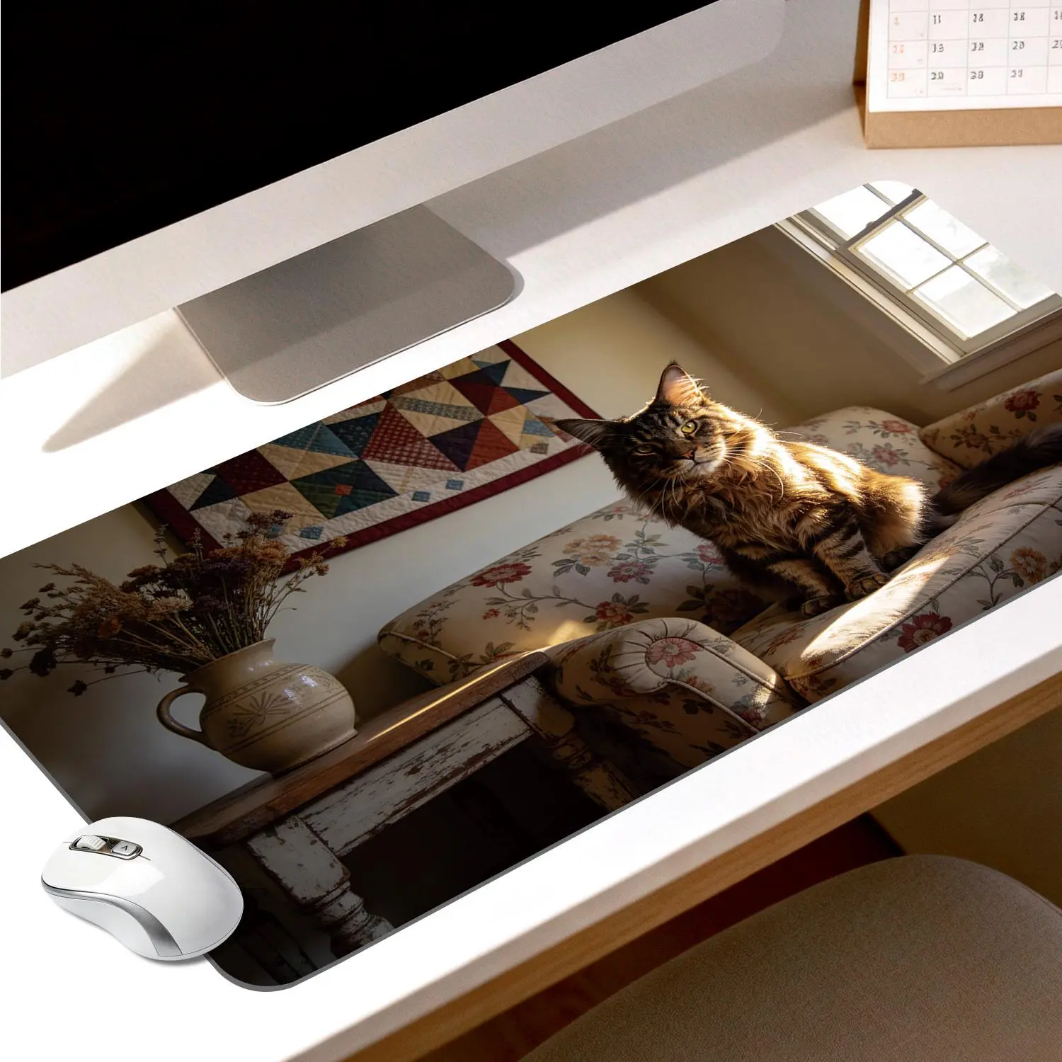 Custom Graphic Sublimation Mouse Pad - High-Quality Fluffy Cat Vintage Floral, Sunlight & Quilt Illustration, 40x80cm Rectangular, Rubber Base, Non-Slip, Durable, Stitched Edges, Precision Control for Office Users, Gaming
