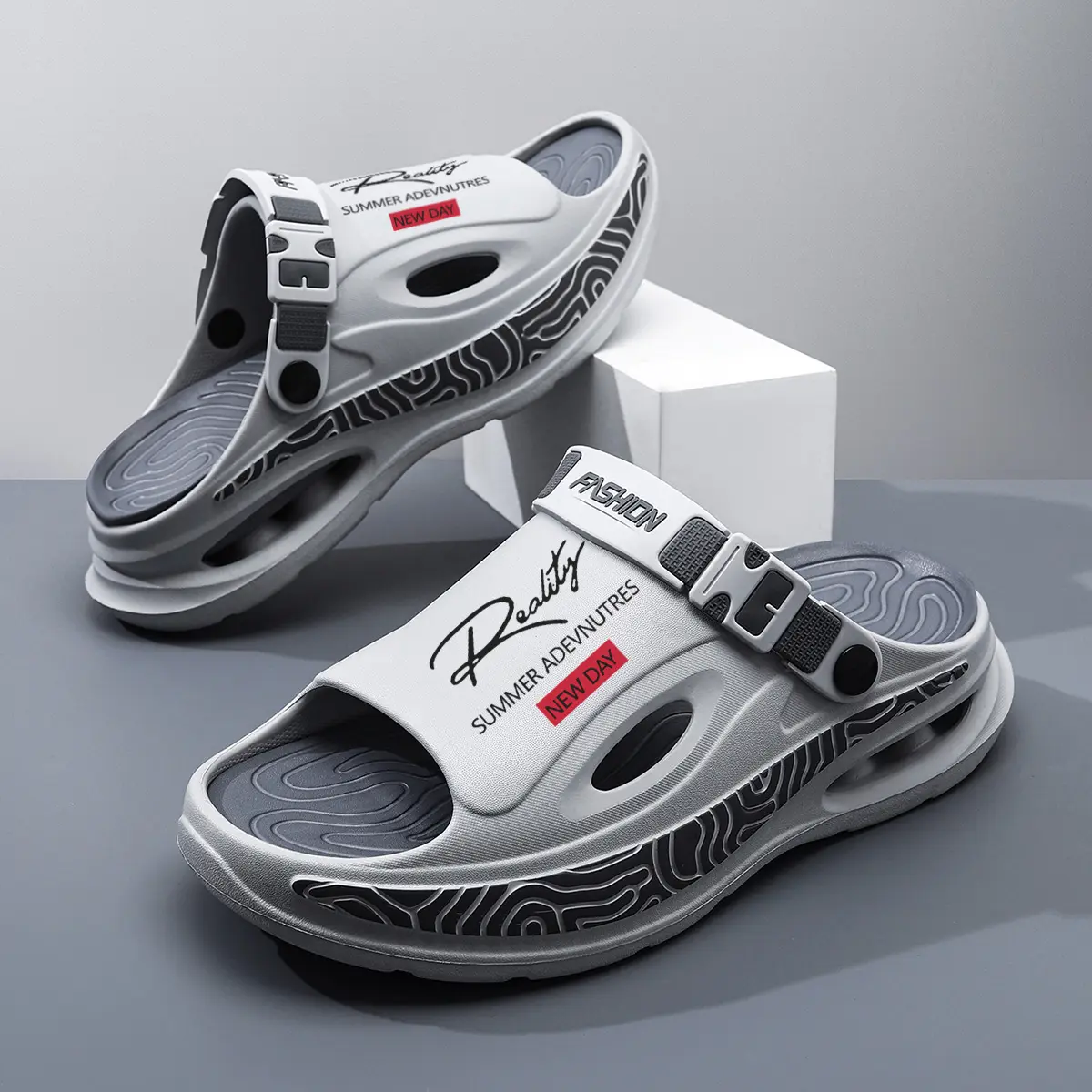 Men's Chunky Techwear Sandals, Streetwear EVA Foam Footwear with Adjustable Heel Strap and Thick Cloud Cushion Sole, Shoe, Thick Cushioned Slippers, High-Density, Slip On, Ankle, Relaxation, Male Shoes, Wavy Sole Texture, Slidetogrip Strap