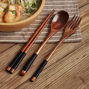3pcs Japanese Wooden Tableware Kit with Retro Cloth Bag, Perfect for Travel, Picnics, Camping, or Everyday Use - Includes Spoon, Fork, and Chopsticks