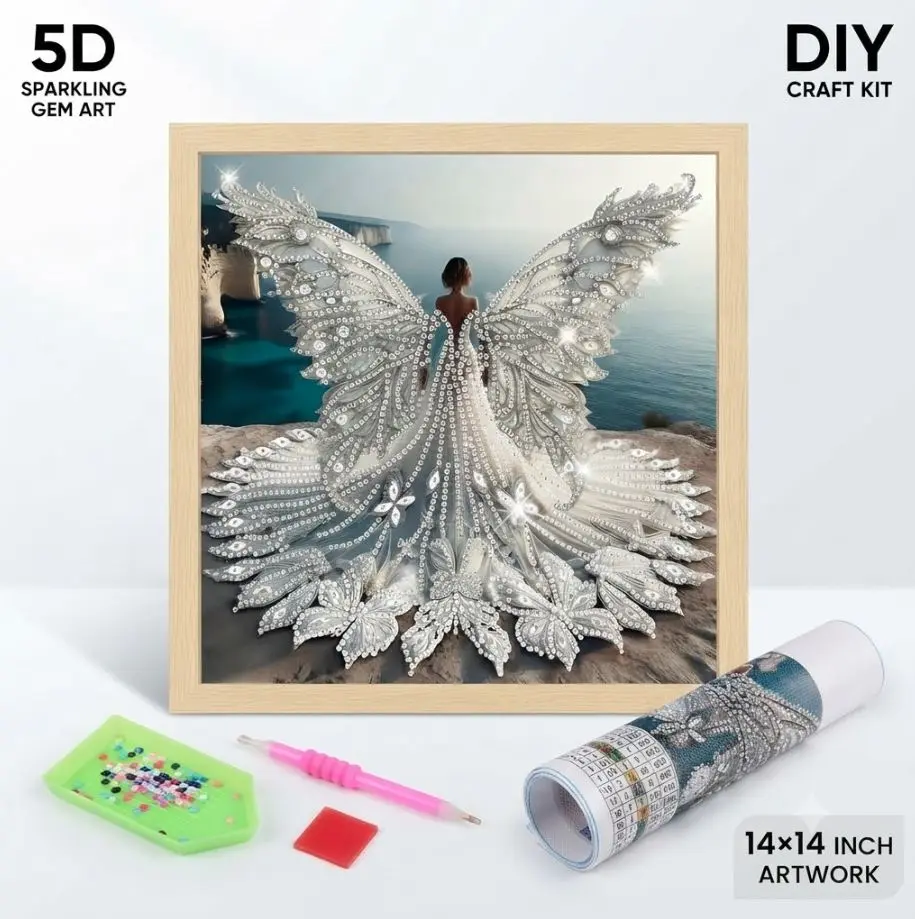 5D Butterfly Gown Lady Diamond Painting Kit, Special Shaped Partial Drill Gem Art Kit for Adults & Beginners, DIY Crystal Rhinestone Craft for Home Wall Decor, 14×14 Inch