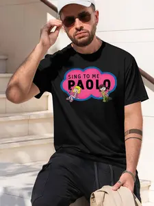 SING TO ME PAOLO 2026 new model Black/White Tee Stylish & Comfortable Loose Crew Neck Short Sleeve T-shirts Versatile On Trend Eye Catching Printed Graphic Casual Tee for Daily Wear Outings & Le Menswear