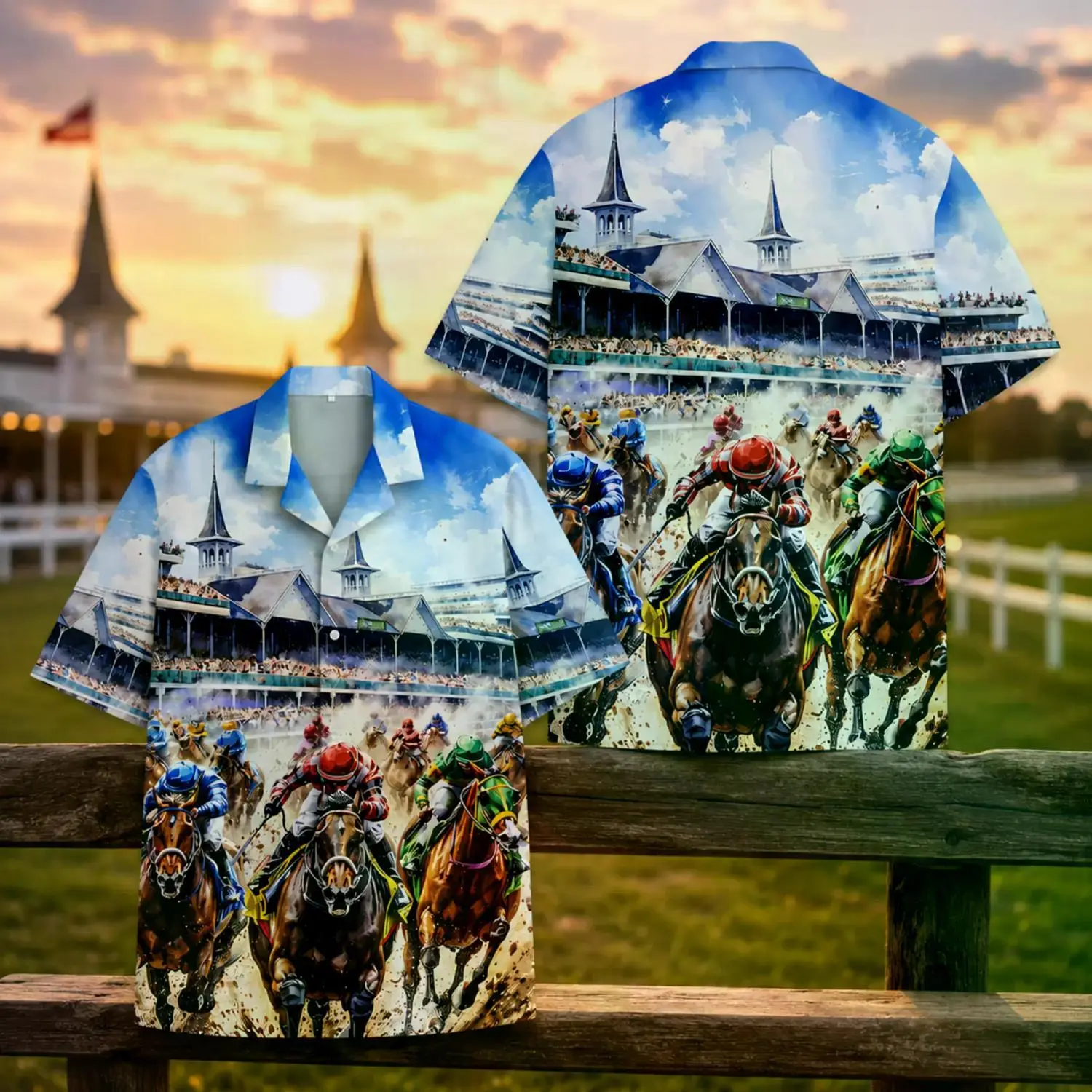 Hawaiian Horse Racing Shirt for Adults and Youth - Kentucky Derby Day Button-Up - Men's Cuban Collar Equestrian Apparel - Race Day and Summer Vacation Western Fashion - All-Over Print Gift for Horse Lovers
