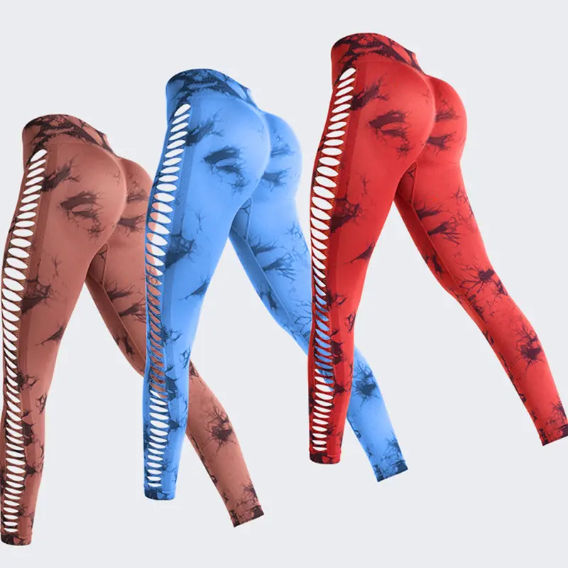 Women's High Waist Yoga Pants, Tie-Dye Side Cutout Elastic Tights, Breathable Casual Sports Workout Leggings