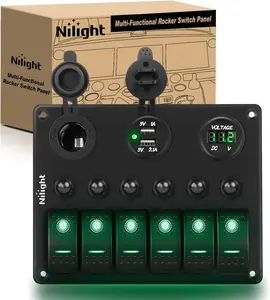 Nilight - 90123F 6 Gang ON Off Rocker Switch Panel Green Backlit 12V24V LED Digital Voltmeter Dual USB Charger Socket Overload Protection Switch Panel For Cars RVs Boats Multi-Function