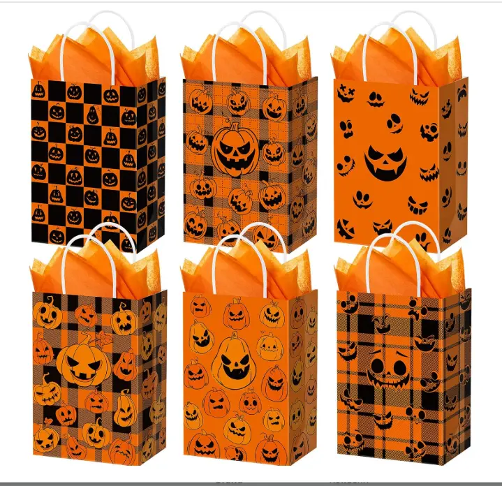 24 Pcs Halloween Paper Gift Bags with Tissue Paper Pumpkin Goodie Treat Bags with Handles Wrapping Candy Party Favors Bag for Celebration Supplies Decorations