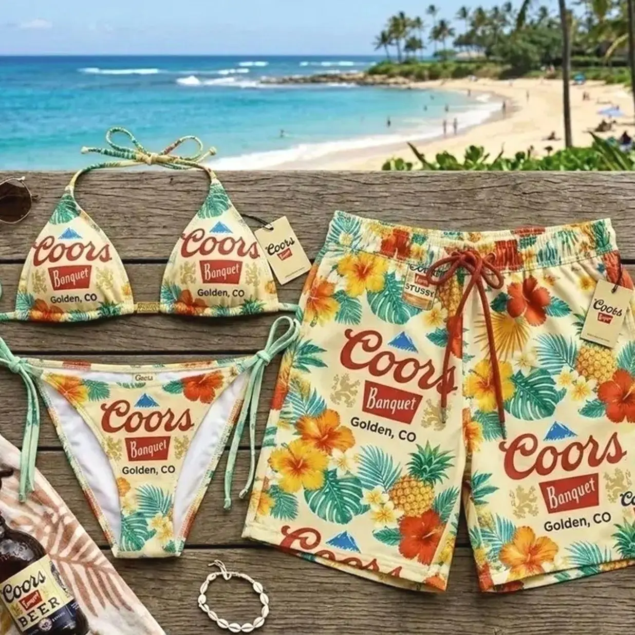 Vintage Coors Matching Couple Swimwear Set 2026 – Retro Floral Bikini & Beach Shorts, Funny Beer Core Summer Vacation Outfit 5E4 DS7