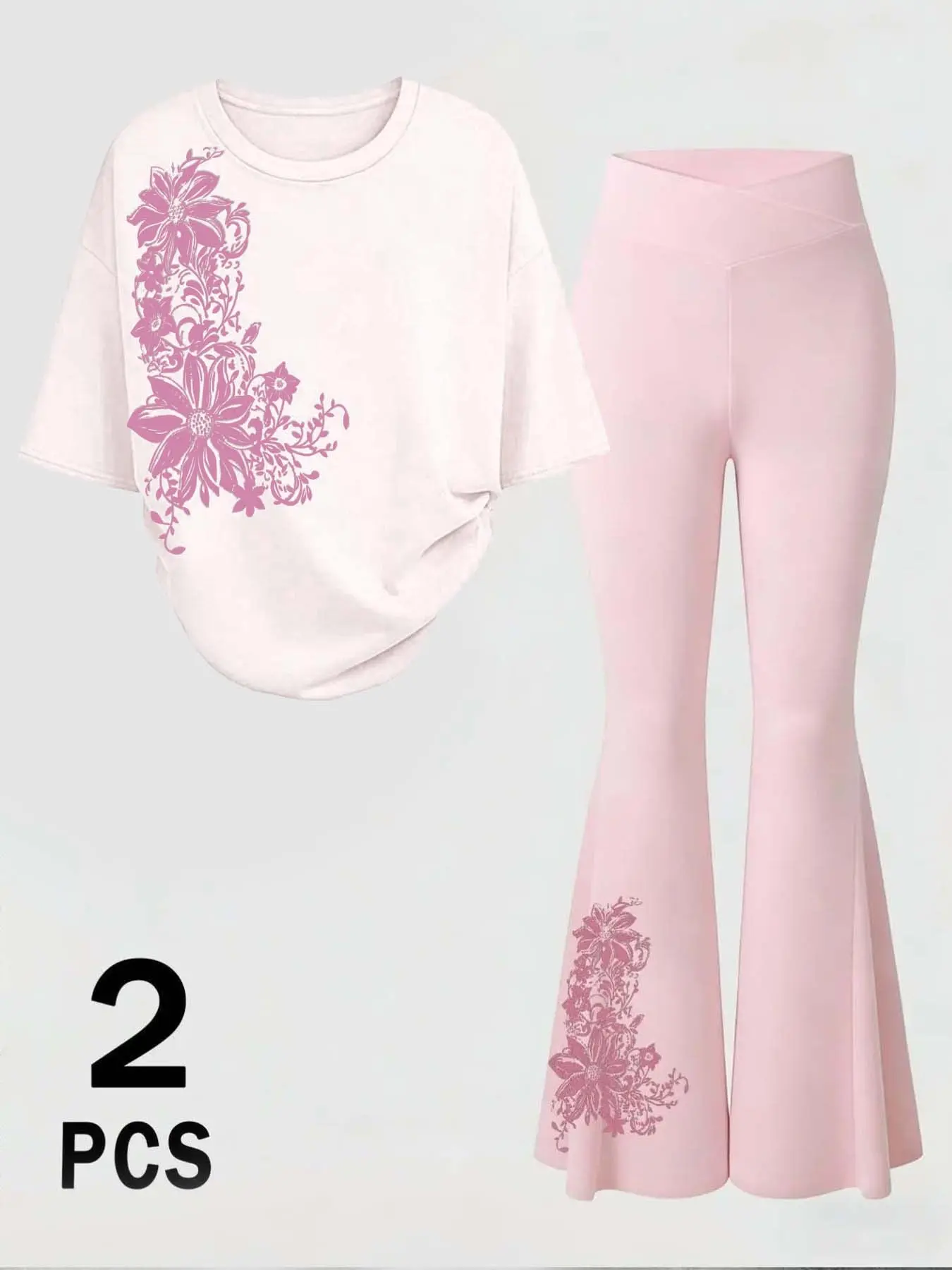 Y2K Floral Print 2-Piece Set, Oversized Tee & Flare Pants, Coquette Aesthetic, Slim-Fitting, Casual Streetwear, Daily Wear, Matching, Clothes