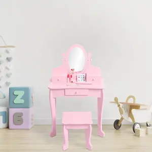 Kids Wooden Vanity Set with Mirror & Stool, Princess Makeup Dressing Table for Little Girls Ages 4-9, Pretend Play Toddler Vanity Playset for Bedroom & Playroom, Safe & Sturdy Children's Furniture, Perfect Birthday Gift, White & Pink