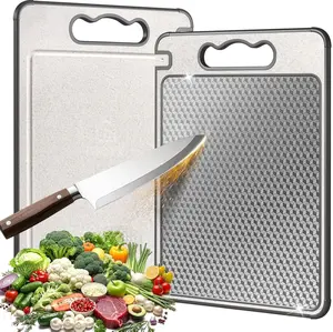 Stainless Steel Cutting Board for Kitchen, Double Sided Non Toxic Non Slip Chopping Board 14.37"*9.84", Food-Grade, Scratch Resistant Mesh Design (1 side 304 Stainless Steel, 1 side Wheat Straw PP)