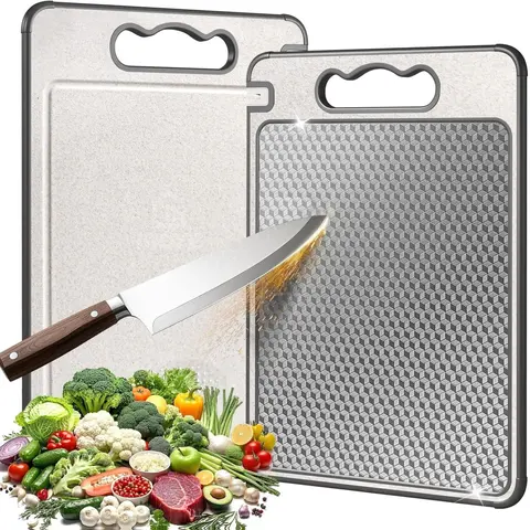 Food-Grade Stainless Steel Cutting Board for Kitchen - 14.37"x9.84" Double-Sided, Non-Toxic Non-Slip, Scratch-Resistant Mesh Design, 304 Stainless Steel Side for Meat/Knives, Wheat Straw PP Side for Fruit
