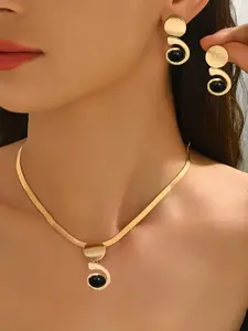 Women's Fashion Jewelry Set, Modern Geometric Elements Round Comma Pendant Necklace & Earrings, Snake Skin Chain, Party Gift, Original Set