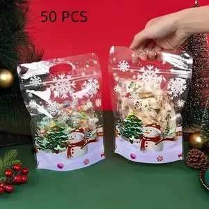 Christmas Themed Clear Ziplock Candy Bag, 50pcs/set Snowman Pattern Candy Bag, Snack Bag, Gift Bag for Christmas, New Year and Thanksgiving Party Holiday, Party Gift Packs, Party Favor, Party Supplies