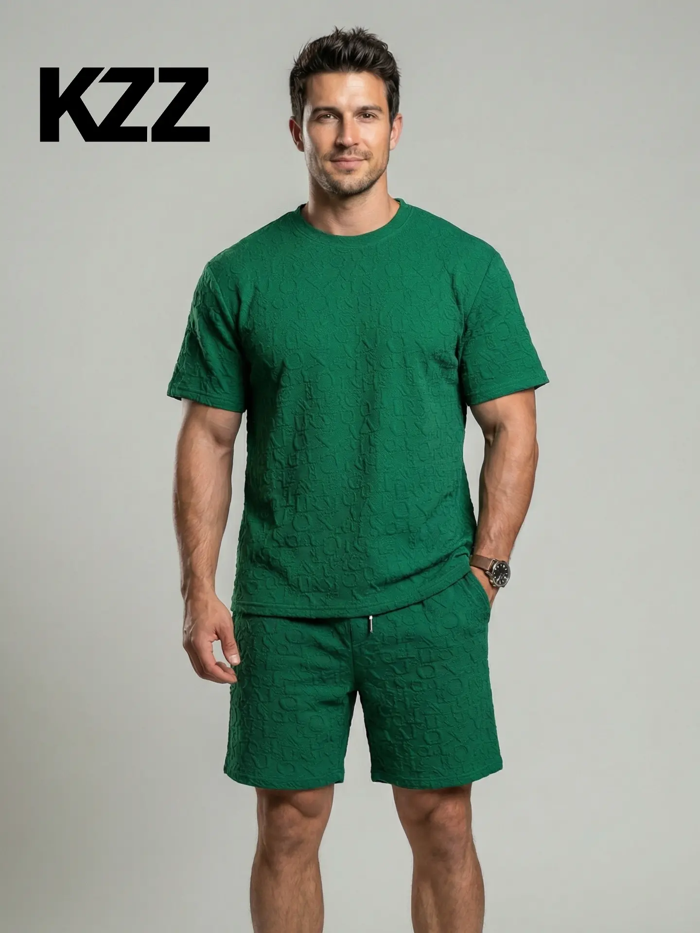 KZZ 2026 Men's Jacquard Two-Piece Set - T-Shirt & Shorts in Tropical Casual Style for Everyday & Vacation Wear - Clothes, Menswear Shortsleeve