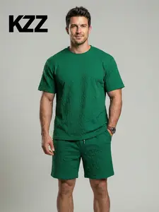 KZZ 2026 Men's Jacquard Two-Piece Set - T-Shirt & Shorts in Tropical Casual Style for Everyday & Vacation Wear - Clothes, Menswear Shortsleeve