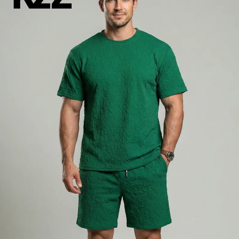 KZZ 2026 Men's Crew Neck Plain Jacquard 2-Piece Tracksuit - Short-Sleeve T-Shirt & Warm-Day Above-The-Knee Shorts, Comfortable Tropical Casual Wear for Everyday & Vacation