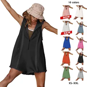Yeokou Womens Hooded Romper Sleeveless Athletic Workout Summer Casual Half Zip V Neck Overall Jumpsuits with Pockets Shorts Loose