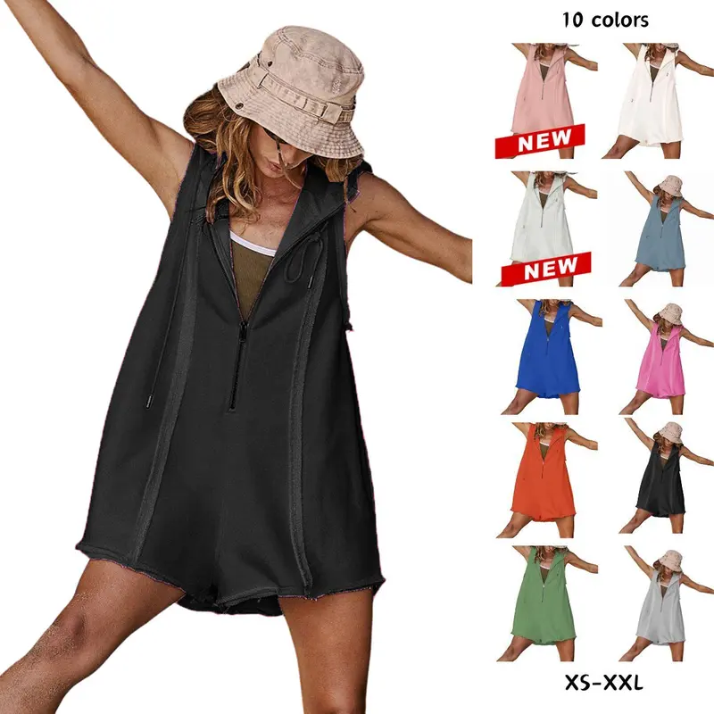 Yeokou Women's Basic Hooded Half-Zip Sleeveless Stretch Loose Short Jumpsuit with Pockets, Sporty Chic Fitness Outfits for Women's Clothes Sets, Summer Athleisure Workout Wear