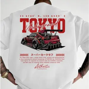 Men's Regular Fit Car & Letter Print Round Neck Tee, Street Fashion Casual Short Sleeve T-shirt for Daily Wear, Men's Top for All Seasons, Tropical, Streetwear.