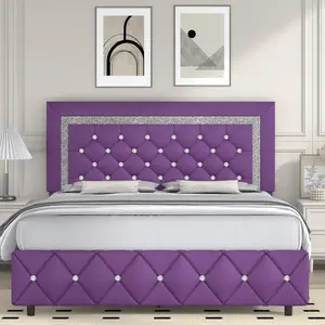 Twin/ Full/ Queen/ King Size Bed Frame, Upholstered Bed Frame With Diamond Headboard And Footboard, White/ Beige/ Black/ Grey/ Pink/ Purple/ Green