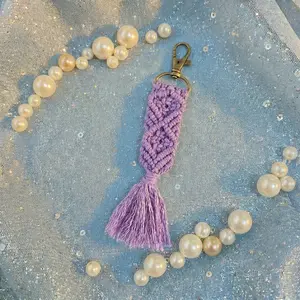 Macrame Keychain in Purple | Holiday Tasseled Key Ring Bag Purse Charm | 6.75"
