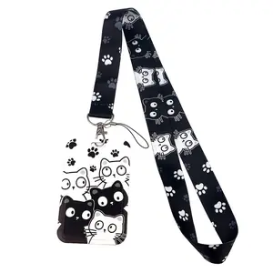 Cute Cartoon Black Cat Lanyard Trendy Cute Keychain Students ID Credit Card Cover Pass Mobile Phone Charm Women Neck Straps Badge Holder Key Holder Accessories