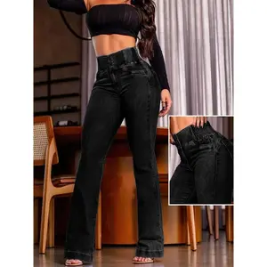 Elastic-waist High-waisted Button-tight Stretch Denim Pants