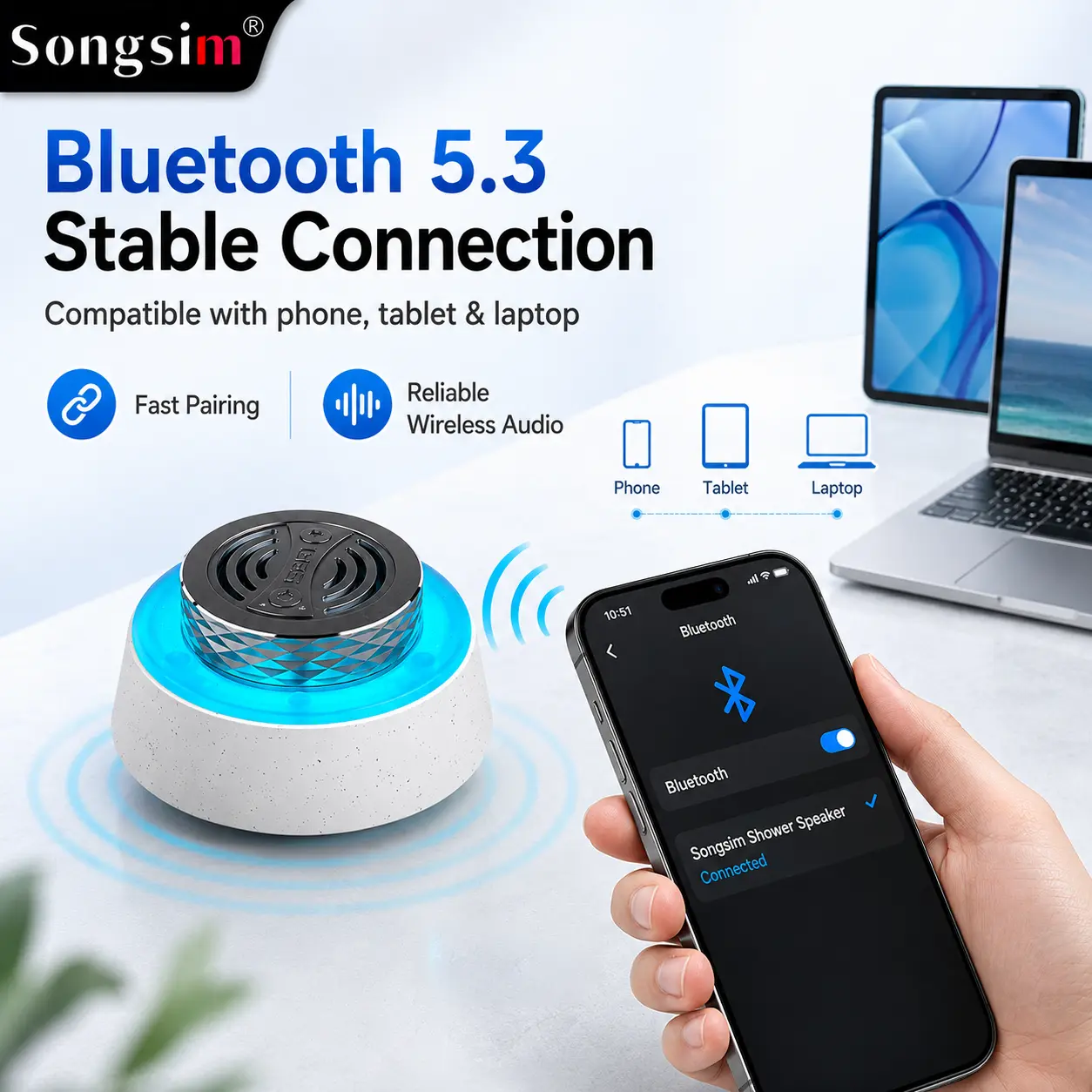 Songsim IP67 Waterproof Bluetooth Shower Speaker with Suction Cup, RGB Light, TWS Stereo Pairing, USB-C Rechargeable Mini Wireless Speaker, Stable Connection, Rich Audio for Bathroom, Outdoor Use