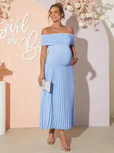 ZENIE Maternity Elegant Solid Color Off Shoulder Ruched Hem Dress